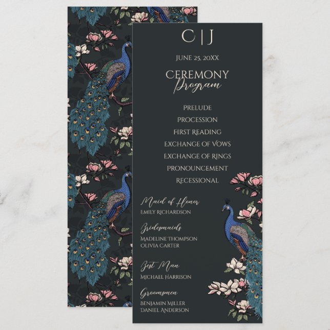Cartão do Programa de Casamento de Peacock Floral  (Frente/Verso)