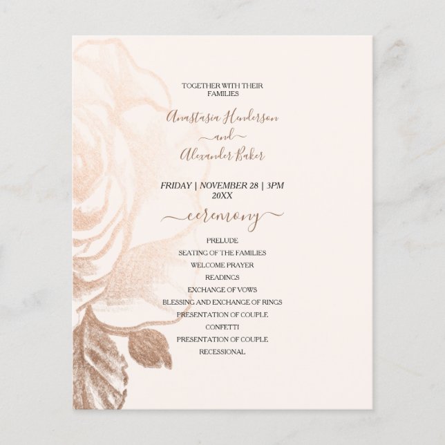Cartão do Programa de Casamento de Rosas Elegantes (Frente)