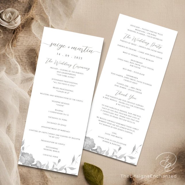 Cartão do Programa de Casamento Floral Simples Boh (Gray Wedding Ceremony Program Cards, Minimalist Modern Boho Wedding Program by TheDesignsEnchanted)