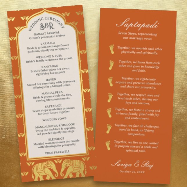 Cartão do Programa de Casamento Indígena e Hindu p (Hindu wedding program, Indian wedding program, Saptapadi seven steps, elephant lotus flower mundap)