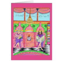 Cartão do salão de beleza com gato, mãe e avó