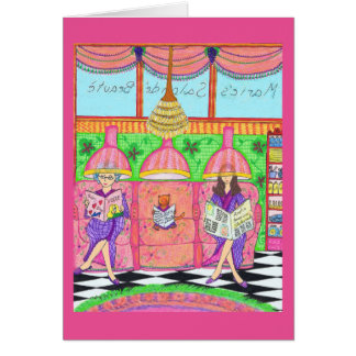 Cartão do salão de beleza com gato, mãe e avó