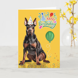 Cartão Doberman Dog Party Hat Yellow Birthday