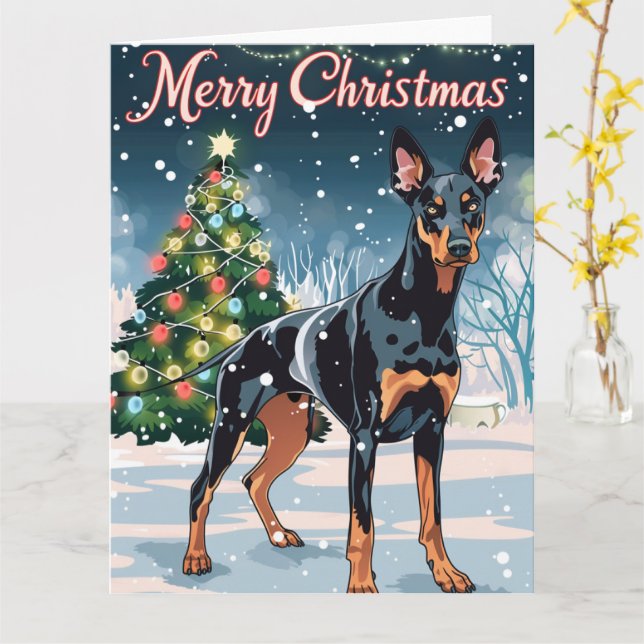 Cartão Doberman Merry Christmas Snow (Flor Amarela)