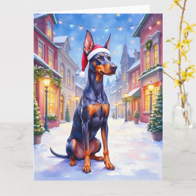Cartão Doberman Pinscher Snowy Village Santa Hat Christma (Flor Amarela)