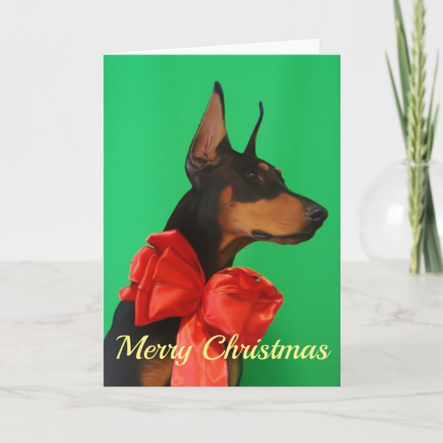 Cartão Doberman Potrait com arco vermelho do Natal (Frente)