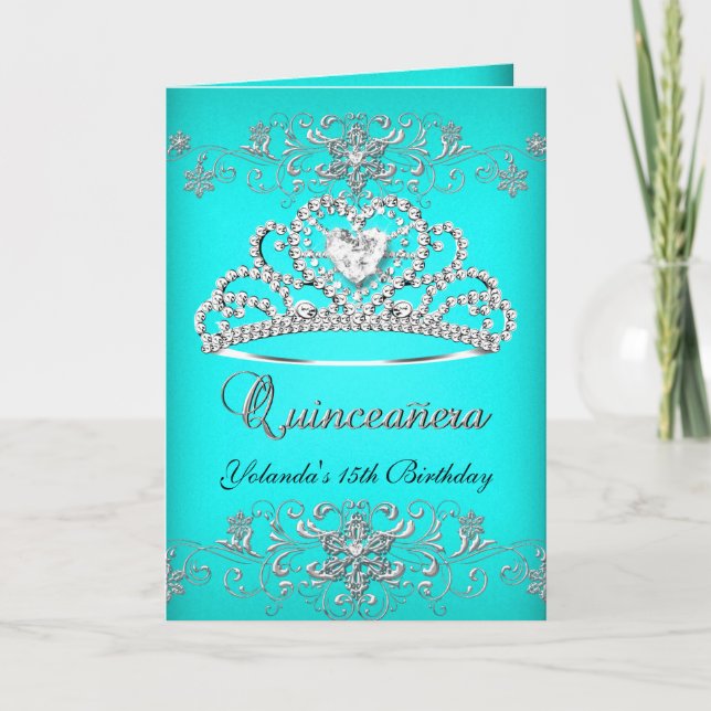 Cartão Dobrado Quinceanera Aqua Teal Glitter Tiara (Frente)