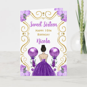 Cartão Doce 16 Cabelo Castanho Princesa Roxo Feliz Aniver