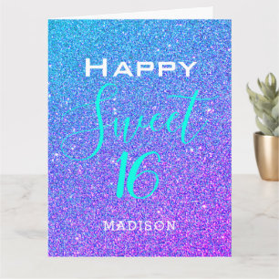 Cartão Doce 16 Teal Purple Glitter Birthday Personalizado