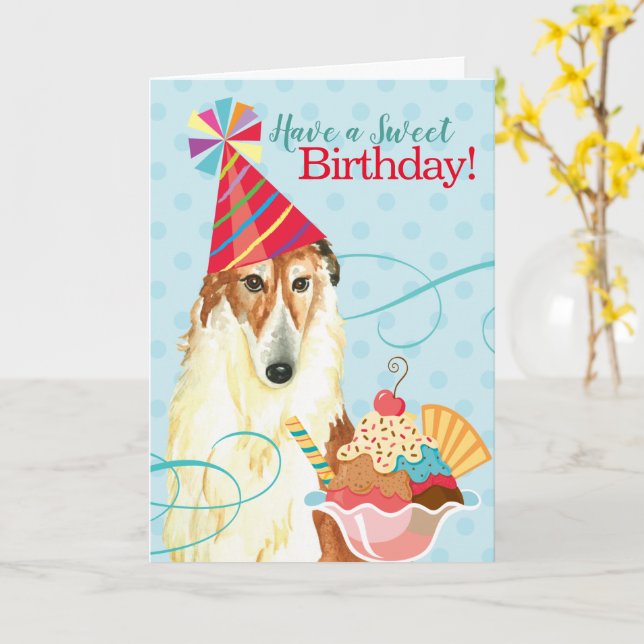 Cartão Doce Borzoi de aniversário (Flor Amarela)