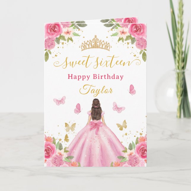 Cartão Doce Princesa Rosa de 16 Anos Morena (Frente)