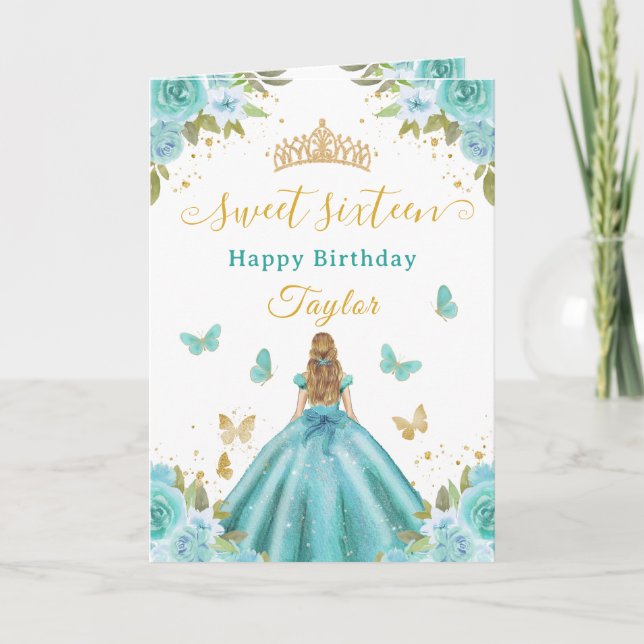 Cartão Doce Princesa Turquesa Loura de 16 Anos (Frente)