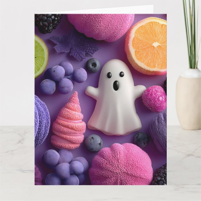 Cartão Doces e Frutas de Halloween vibrantes (Frente)