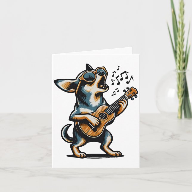 Cartão Dog Playing Guitar Singing Chihuahua Funny Dog Mar (Frente)