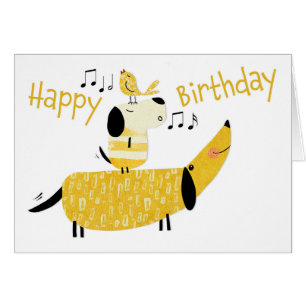 Cartão Dois Cães e um Aniversário Cantando Pássaro