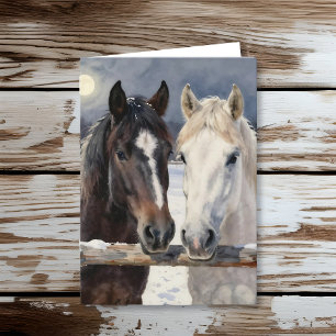 Cartão Dois Cavalos numa Fazenda Nevada Feliz Aniversár