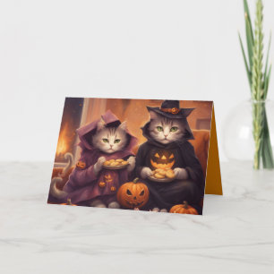 Cartão Dois gatinhos em fantasias de Halloween com gulose