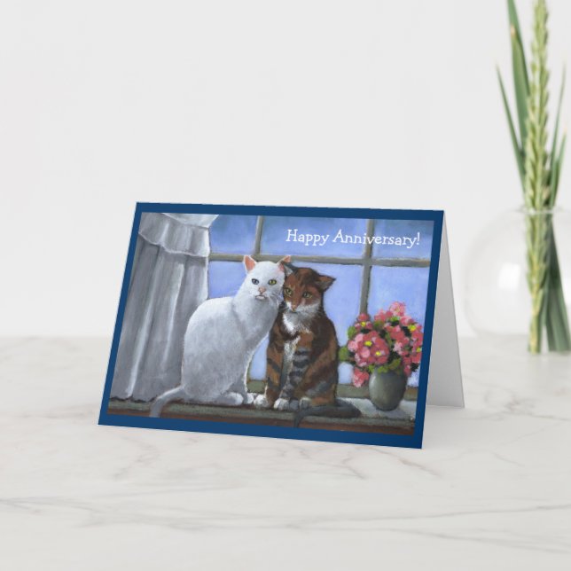 Cartão DOIS GATOS: Annniversary:  ARTE PASTEL (Frente)