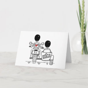 Cartão Dois Noivos Casamento de Moto e Carro Lateral