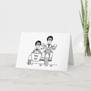 Cartão Dois Noivos Casamento de Moto e Carro Lateral