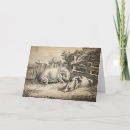 Cartão Dois porcos deitados em palha numa Caneta ao ar li