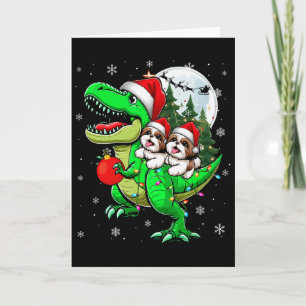 Cartão Dois Shih Tzus de Natal Montando Rena T-rex Amante