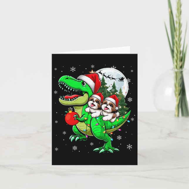 Cartão Dois Xmas Shih Tzus Andando T-rex Reindeer Lover K (Frente)
