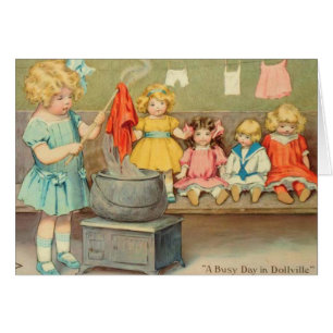 Cartão Dolly Laundry Girl Vintage Brincando Bonecas