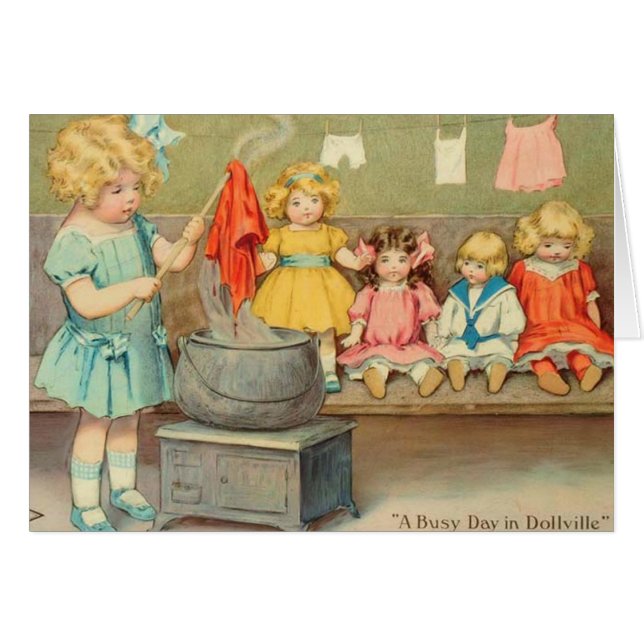 Cartão Dolly Laundry Girl Vintage Brincando Bonecas (Frente Horizontal)