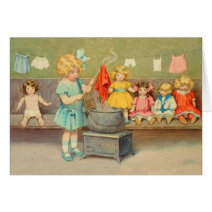 Cartão Dolly Laundry Girl Vintage Brincando Bonecas