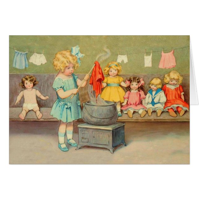 Cartão Dolly Laundry Girl Vintage Brincando Bonecas (Frente Horizontal)