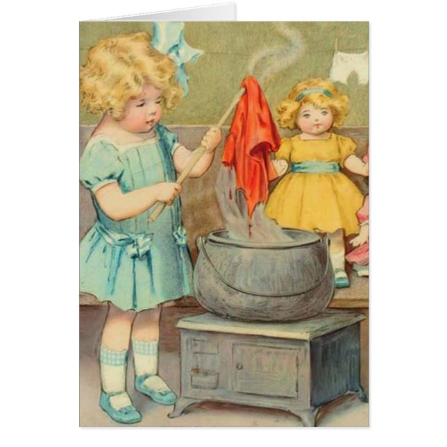 Cartão Dolly Laundry Girl Vintage Brincando Bonecas (Frente)