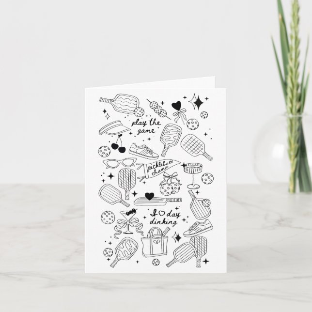 Cartão Doodle de Pickleball em Preto no Confort Retro Beg (Frente)