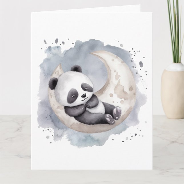 Cartão Dormir Aquarela Crescente Lua Bebê Panda (Frente)
