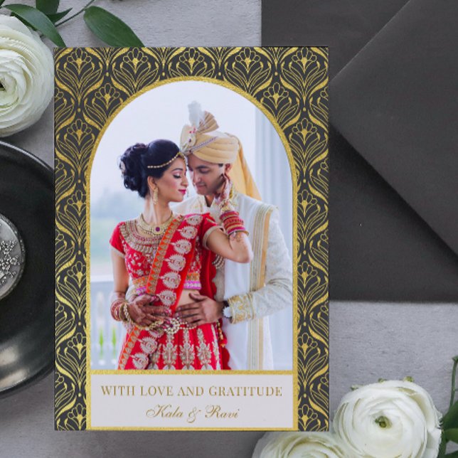 Cartão Dourada Arte Deco Casamento Obrigado Foto (indian wedding thank you card, hindu wedding thank you card, art deco gold mundap arch photo card)