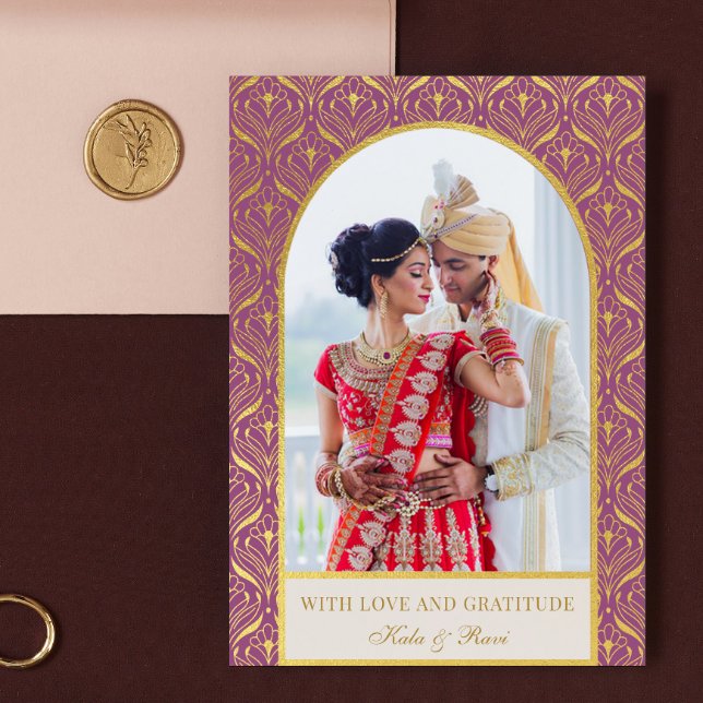Cartão Dourada Arte Deco Casamento Obrigado Foto (indian wedding thank you card, hindu wedding thank you card, art deco gold mundap arch photo card)