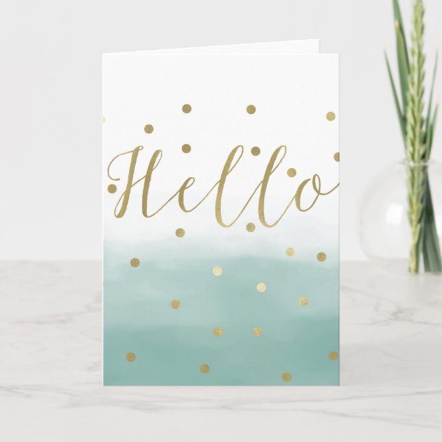 Cartão Dourada Confetti Mint Watercolor Hello (Frente)
