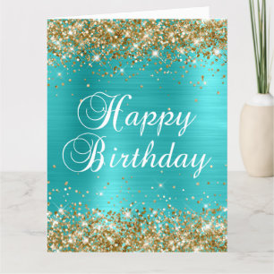 Cartão Dourada Turquesa Azul Grande Feliz Aniversário