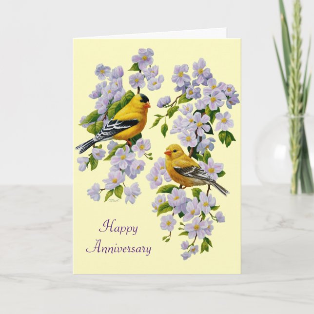 Cartão Douradas Finches e Blossomas de Maçã Amarelo (Frente)