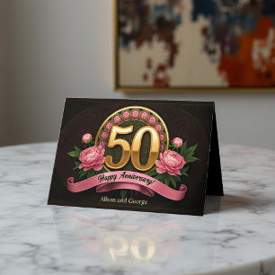 Cartão Dourado 50º Aniversário de Casamento de Peões Rosa