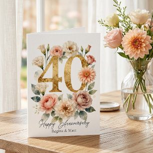 Cartão Dourado Aniversário de 40 anos Rosa Corado Aquarel