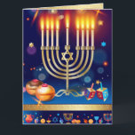 Cartão Dourado bonito de Hanukkah Menorah<br><div class="desc">Cartão de cartões de natal judaico bonito feliz de Hanukkah. Fundo judaico de Hanukkah do feriado com símbolos tradicionais de Chanukah - dreidels de madeira (parte superior de giro), rosquinhas, menorah, velas, estrela de David e teste padrão de incandescência do papel de parede das luzes. Decoração do festival de Hanukkah....</div>