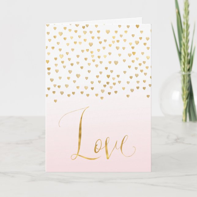 Cartão Dourado Confetti Hearts Blush Pink Ombre Love (Frente)