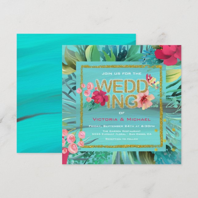 Cartão Dourado de Casamento com Glitter do Oceano  (Frente/Verso)