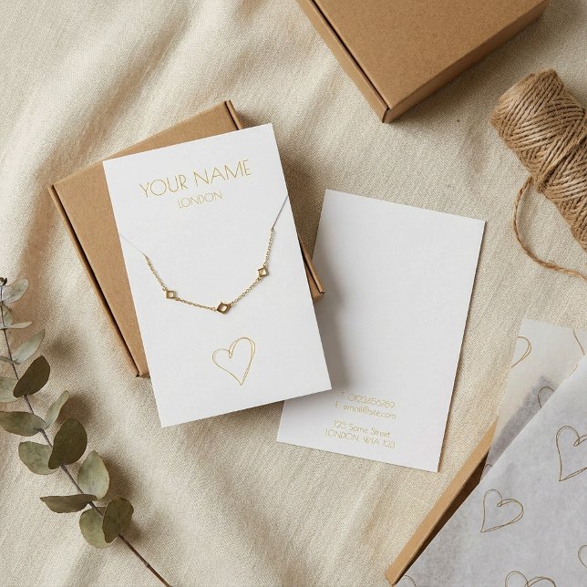 Cartão Dourado de colar cardíaco ou pulseira (Gold heart necklace or bracelet white display card.)