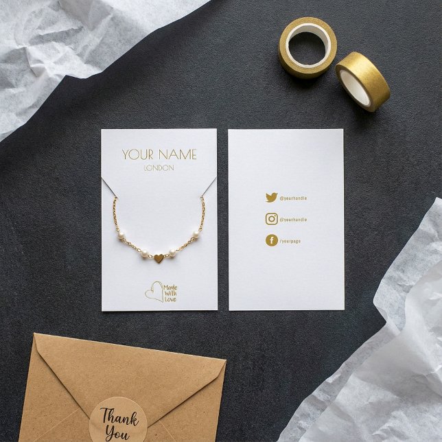 Cartão Dourado de colar cardíaco ou pulseira (Gold heart necklace or bracelet display card.)
