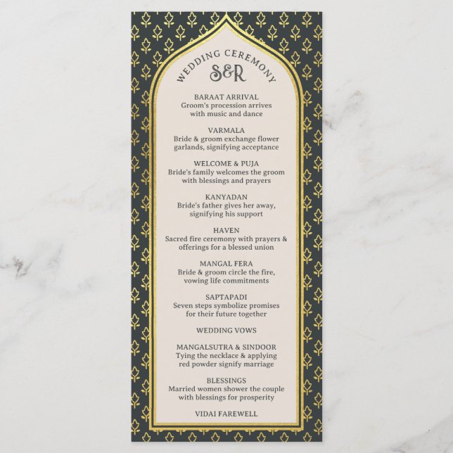 Cartão Dourado Floral Indian & Hindu Wedch Program (Frente)