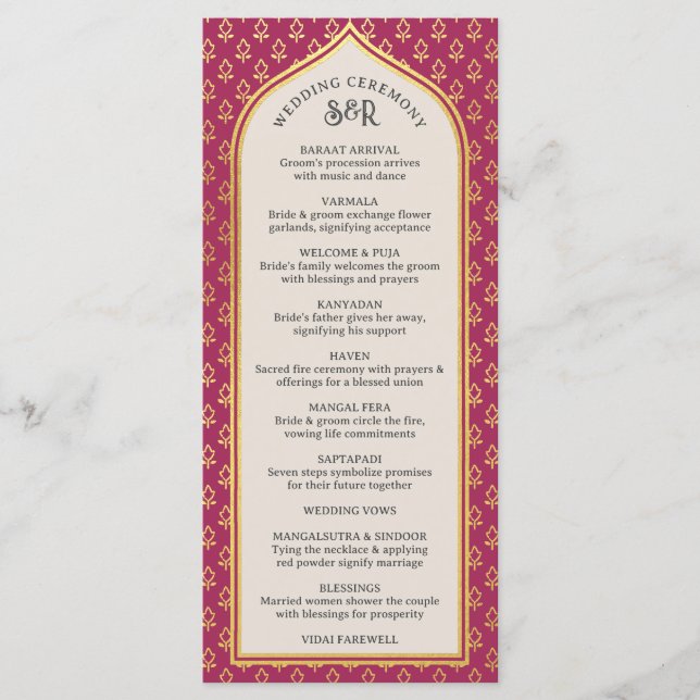 Cartão Dourado Floral Indian & Hindu Wedch Program (Frente)