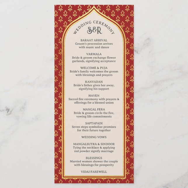 Cartão Dourado Floral Indian & Hindu Wedch Program (Frente)