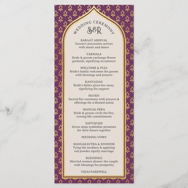 Cartão Dourado Floral Indian & Hindu Wedch Program (Frente)